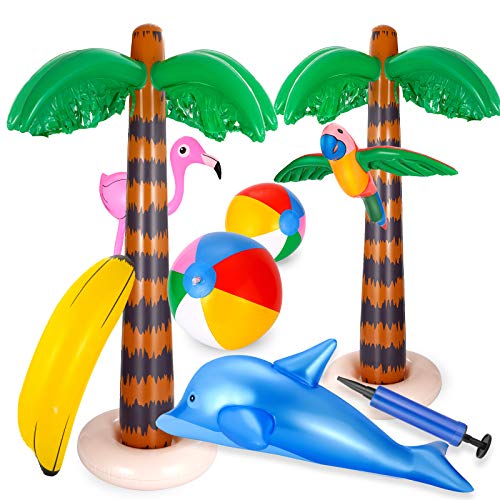 Ucradle 9 Stück aufblasbares Palmen Kokosnussbaum Set mit Luftpumpe, Strandspielzeug-Set inkl. Kokosnussbaum Banane Flamingo Papageien Delphin Strandball für Sommer Schwimmbad Hawaii Deko Themenparty von Ucradle