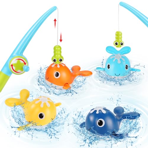 Ucradle Badewannenspielzeug Baby ab 1 Jahr, Badespielzeug Baby, Angelspiel mit 4 aufziehbarem Fische und 2 Angelstäbe, Wasserspielzeug Badewannen Spielzeug Magnet Fische Angeln Spielzeug für Kinder von Ucradle