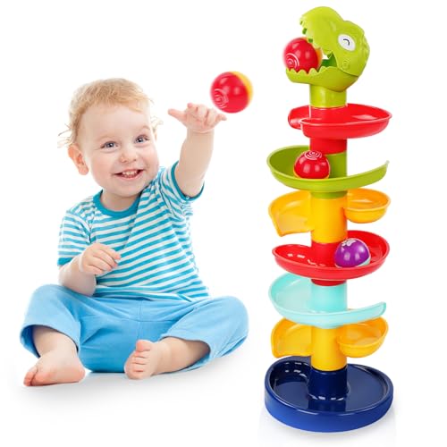 Ucradle Montessori Spielzeug ab 1 Jahr, 7 Schichte Ball Drop Spielzeug mit Dinosaurierkopf, Ball Rampe Stapelturm Spielzeug, 2 Bälle Murmelbahn, Pädagogisches Lernspielzeug für 1 2 Jahre alt von Ucradle