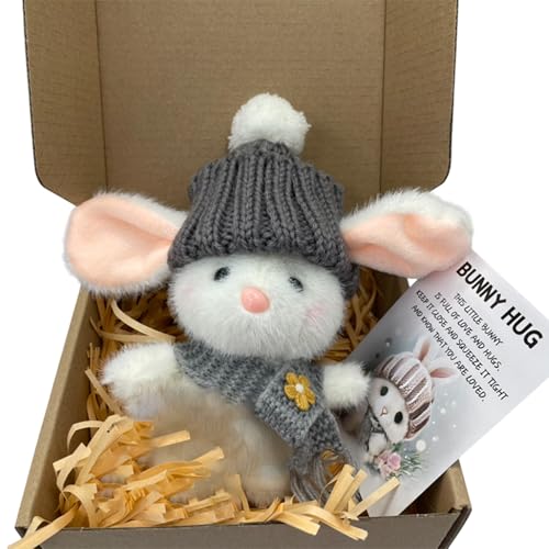 Ucuse Mini-Hasen-Umarmung, niedliches Ostergeschenk mit Strickmütze und Bommel, positiver Hase in einer Box, positive weiche Tasche, emotionale Unterstützung, Kaninchen mit Geschenkbox und Karte von Ucuse
