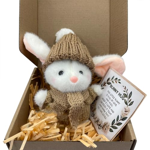 Ucuse Mini-Hasen-Umarmung, niedliches Ostergeschenk mit Strickmütze und Bommel, positiver Hase in einer Box, positive weiche Tasche, emotionale Unterstützung, Kaninchen mit Geschenkbox und Karte von Ucuse