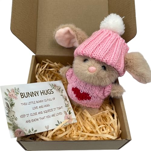 Ucuse Mini-Hasen-Umarmung, niedliches Ostergeschenk mit Strickmütze und Bommel, positiver Hase in einer Box, positive weiche Tasche, emotionale Unterstützung, Kaninchen mit Geschenkbox und Karte von Ucuse
