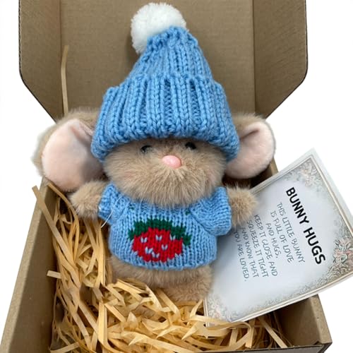 Ucuse Mini-Hasen-Umarmung, niedliches Ostergeschenk mit Strickmütze und Bommel, positiver Hase in einer Box, positive weiche Tasche, emotionale Unterstützung, Kaninchen mit Geschenkbox und Karte von Ucuse