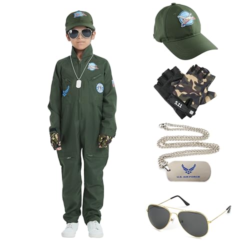 Udekit Piloten kostüm für Kinder, Kampfflugzeug Pilot Cosplay Kostüm mit Mütze, Brille, Handschuhen, Anhänger für Halloween Karnevals Party für Kinder 8 bis 10 Udekit Piloten kostüm für Kinder, Kampfflugzeug Pilot Cosplay Kostüm mit Mütze, Brille, Handschuhen, Anhänger für Halloween Karnevals Party für Kinder 8 bis 10 von Udekit