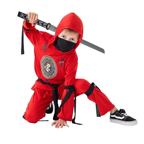 Udekit Rotes Ninja Kostüm mit Kapuze, Hose, Bändern und Spielzeug Schwert für Kinder Halloween Cosplay Party für 4 bis 6 von Udekit