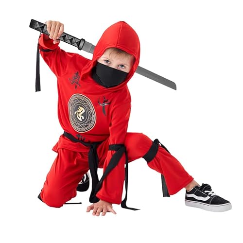 Udekit Rotes Ninja Kostüm mit Kapuze, Hose, Bändern und Spielzeug Schwert für Kinder Halloween Cosplay Party für 6 bis 8 von Udekit