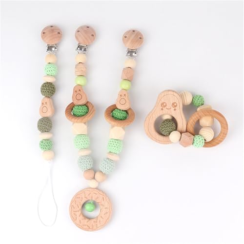 Ueiwffzo Kinderwagen Kette 3 Stück, Kinderwagenspielzeug Holz und Gestrickte Bälle Sterne Liebe Donuts Gehäkelt Babyspielzeug, Kinderwagenkette für Neugeborene Geschenke (Avocado Donuts) von Ueiwffzo