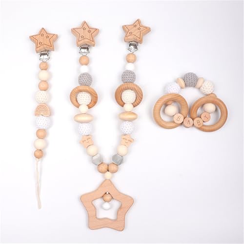 Ueiwffzo Kinderwagen Kette 3 Stück, Kinderwagenspielzeug Holz und Gestrickte Bälle Sterne Liebe Donuts Gehäkelt Babyspielzeug, Kinderwagenkette für Neugeborene Geschenke (Sterne) von Ueiwffzo