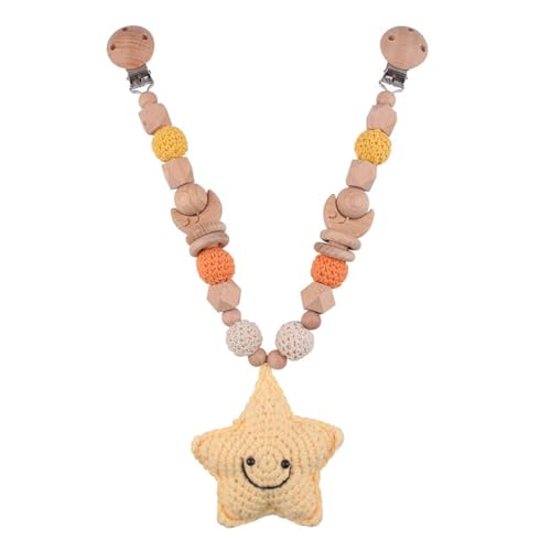 Ueiwffzo Kinderwagen Kette für Babys, Gehäkelt Sonne Mond Anhänger Baby Mobile Kinderwagenkette aus Holz, Babyspielzeug Kinderwagen Spielzeug für Babys (Stern) von Ueiwffzo