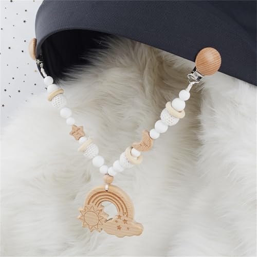 Ueiwffzo Kinderwagenkette Holz Baby, Regenbogen und Sterne Holz Kinderwagen Kette, Babyspielzeug Kinderwagen Spielzeug Für Babys (Regenbogen A) von Ueiwffzo