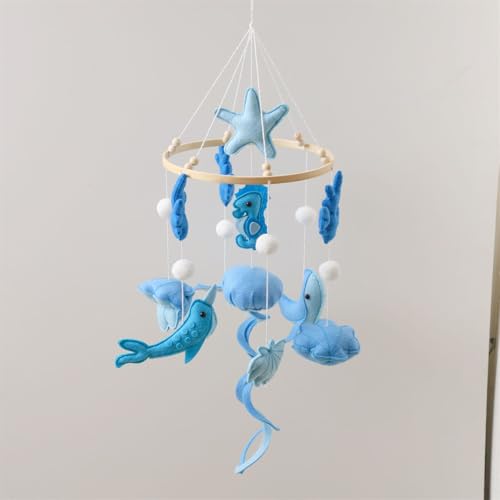 Ueiwffzo Mobile Baby Windspiele Meerestiere Wal 3D Wolken Babybett Mobile Windspiele mit Filzbällen, Mobile Baby Kinderzimmer Hängende Bettglocke, Neugeborenen Geschenk (Blau Meerestiere) von Ueiwffzo