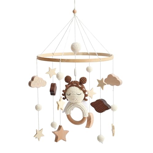 Ueiwffzo Mobile Baby Windspiele Wolken Sterne Mädchen Hölz Hängende Bettglocke, Mobile Baby Kinderzimmer Windspiele mit Filzbällen, Neugeborenen Geschenk (A) von Ueiwffzo