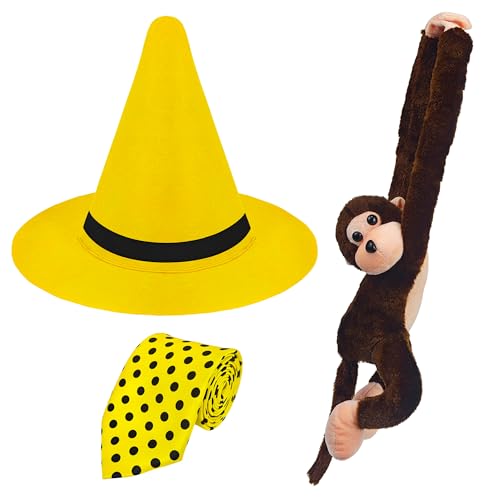 Ueyben Mann mit gelbem Hut Kostüm, Gelber Hut mit Gelber Gepunkteter Krawatte Plüschaffe für Männer und Frauen für Halloween Karneval Cosplay von Ueyben