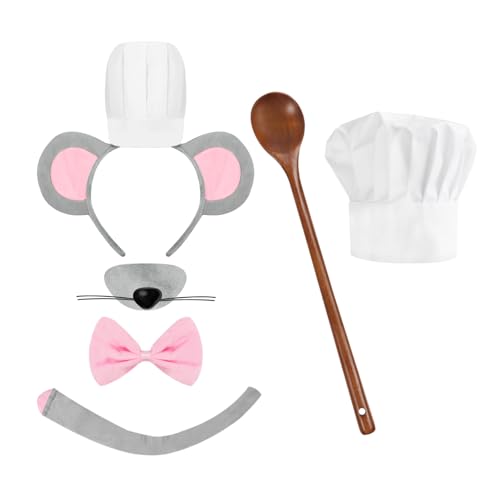 UgyDuky 6-teiliges Maus-Koch-Kostüm für Halloween, inklusive Mäuse-Ohren, Haarreif mit Nasenschwanz, Fliege, separater Hut und Löffel, Cartoon-Kostüm für Erwachsene UgyDuky 6-teiliges Maus-Koch-Kostüm für Halloween, inklusive Mäuse-Ohren, Haarreif mit Nasenschwanz, Fliege, separater Hut und Löffel, Cartoon-Kostüm für Erwachsene von UgyDuky