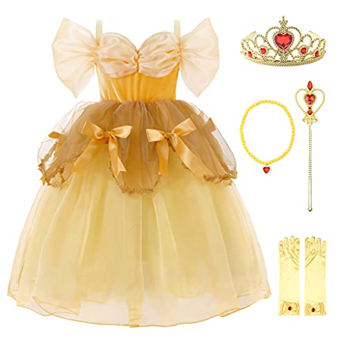 Uhdear Schulterfreies Prinzessinnen-Kostüm für Mädchen, Ballkleid mit Zubehör (Gelb, 110/4-5T) von Uhdear