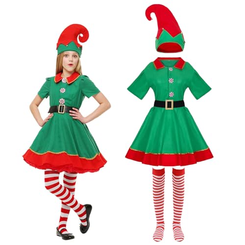 UieaMsio Elfen Kostüm Weihnachtenelf Kostüm Weihnachtself Kostüm Kinder Weihnachtselfen Set Damen Perfekt Für Weihnachtsfeiern, Familienfeste & Cosplay, Vielseitige Größen-120cm (120CM) von UieaMsio
