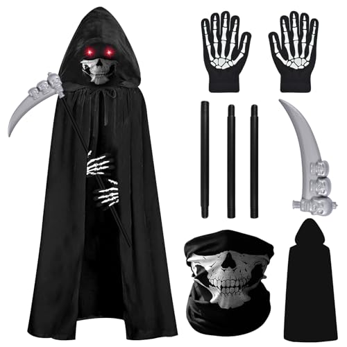 UieaMsio Sensenmann Kostüm Set, Halloween Kostüm Herren Umhang Set mit Schädelmaske, Kapuzenumhang, Sense, Leuchtende Handschuhe, für Halloween Dekoration, Cosplay UieaMsio Sensenmann Kostüm Set, Halloween Kostüm Herren Umhang Set mit Schädelmaske, Kapuzenumhang, Sense, Leuchtende Handschuhe, für Halloween Dekoration, Cosplay von UieaMsio