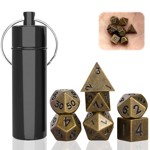 Uirheurd Mini Dice Set 7 Stück DND Würfel Set mit Würfel Fall Schlüsselanhänger, Bronze Metall Dice Polyedrisches Würfel Set für Dungeons und Dragons RPG MTG DND Würfel Tischspiele Gifts von Uirheurd