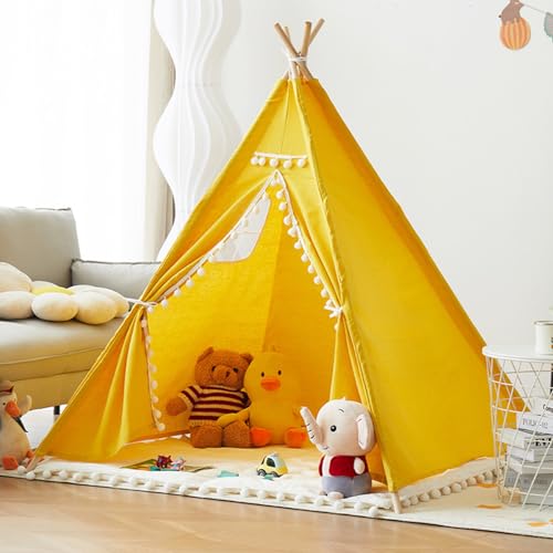 Tipi Zelt für Kinder,Tipi Kinderzelt Zelt Kinderzimmer, Kinderzelt für Drinnen Spielzelt Kinder Indoor Lesezelt Kuschelecke Kinderzimmer Deko (Gelb,1.1M) von Uixxducc