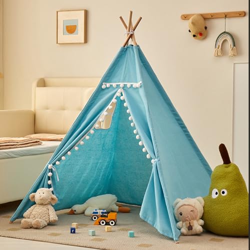 Tipi Zelt für Kinder,Tippi Kinderzelt für Drinnen Kinder Spielzelt Spielhaus Tipizelt Indoor, Kinderzelte für Mädchen und Jungen Babyzimmer Deko (Blaue mit Bällen,1.6M) von Uixxducc