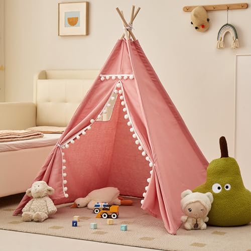 Tipi Zelt für Kinder,Tippi Kinderzelt für Drinnen Kinder Spielzelt Spielhaus Tipizelt Indoor, Kinderzelte für Mädchen und Jungen Babyzimmer Deko (Rosa mit Bällen,1.1M) von Uixxducc