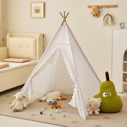 Tipi Zelt für Kinder,Tippi Kinderzelt für Drinnen Kinder Spielzelt Spielhaus Tipizelt Indoor, Kinderzelte für Mädchen und Jungen Babyzimmer Deko (Weiß mit Bällen,1.1M) von Uixxducc