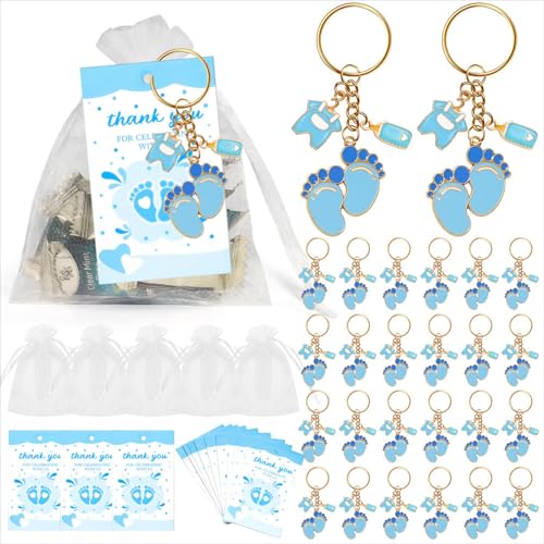 Uixxducc 60pcs Taufgeschenke Für Mädchen Und Jungen, Baby-Taufe Babyflasche Fuß Schlüsselanhänger Mit Dankeskarte - Geschenke Zur Taufe Party Für Neugeborene (Blau) von Uixxducc