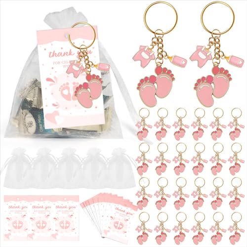 Uixxducc 60pcs Taufgeschenke Für Mädchen Und Jungen, Baby-Taufe Babyflasche Fuß Schlüsselanhänger Mit Dankeskarte - Geschenke Zur Taufe Party Für Neugeborene (Rosa) von Uixxducc