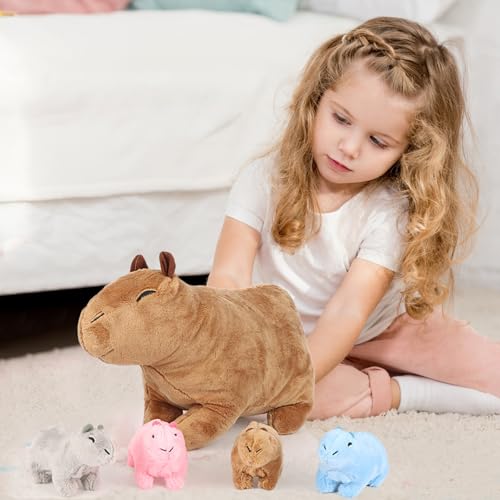 Uixxducc Kuscheltier Capybara 32cm Capybara Mama und 4 Babys Plüschtier in Reißverschlussbeutel Capybara Plushie für Kinder Jungen Mädchen Geschenke Party Favors von Uixxducc