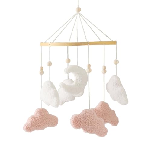 Uixxducc Mobile Baby Windspiele, Babybett Mobile Holz mit 3D Wolken Mond, Kinderzimmer Hängende Bettglocke, Neugeborenen Geschenk für Baby Jungen und Mädchen (Rosa) von Uixxducc