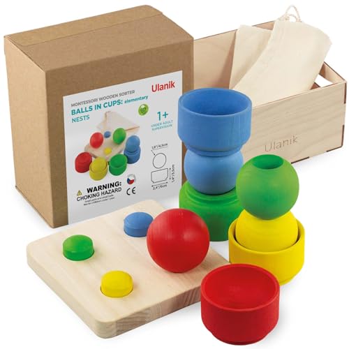 Ulanik Bälle in Nester Starterkit Kleinkinder Montessori Spielzeug ab 1 Jahr + Sensorik Holzspiele zum Zählen und Sortieren Farben Lernen — 4 Bälle in Tassen von Ulanik