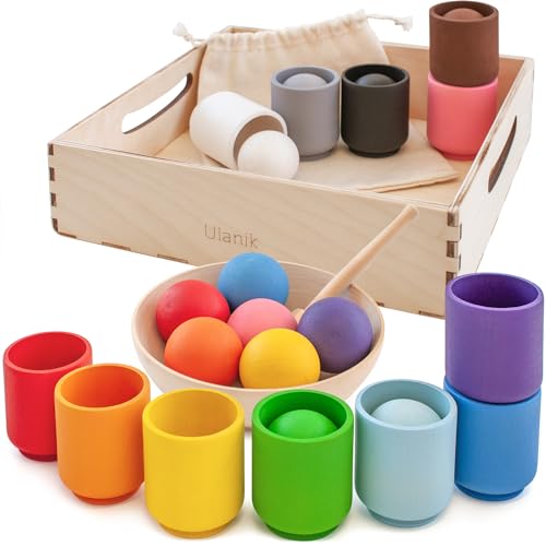 Ulanik Bälle in Tassen Kleinkinder Montessori Spielzeug ab 1 Jahr + Baby Sensorik Bälle Holzspiele zum Zählen und Sortieren Farben Lernen — 12 Holzkugeln Bunt von Ulanik