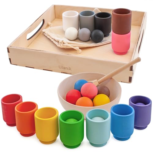 Ulanik Bälle in Tassen Montessori Spielzeug Holz Sorter Spiel 12 Bälle 30mm Alter 1+ Farbe Sortierung und Zählen Vorschule Lernen Bildung von Ulanik