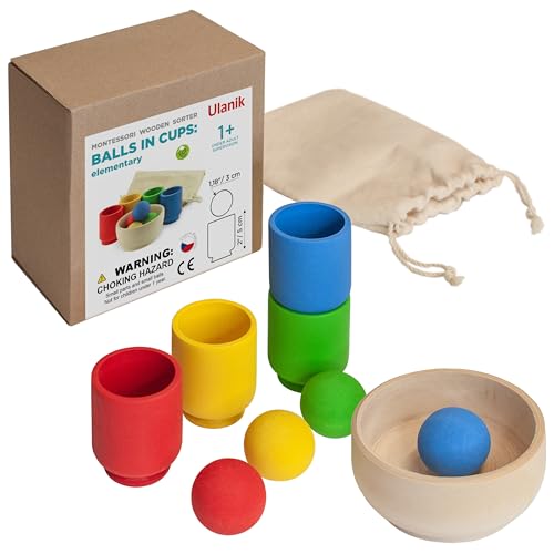Ulanik Bälle in Tassen Starterkit Kleinkinder Montessori Spielzeug ab 1 Jahr + Baby Sensorik Bälle Holzspiele zum Zählen und Sortieren Farben Lernen — 4 Kugeln von Ulanik