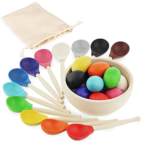 Ulanik Eier und Löffel Montessori Spielzeug Holzsortierspiel 12 Eier 45 mm Ab 1+ Lernspielzeug für Vorschule für Farbsortierung und Zählen von Ulanik