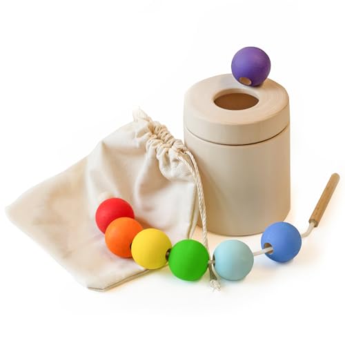 Ulanik Fädelspiel Perlen und Topf, Montessori Spielzeug ab 3 Jahre, Baby Perlen zum Auffädeln, Spiel für Zählen und Sortieren Farben Lernen — 7 Holzkugeln Bunt von Ulanik