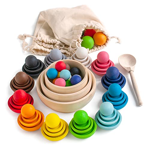 Ulanik Farben und Formen Montessori Spielzeug ab 3 Jahre Sensorik Platten und Kugeln Holzspiele zum Sortieren Größen und Farben Lernen — 36 Bälle auf Platten von Ulanik