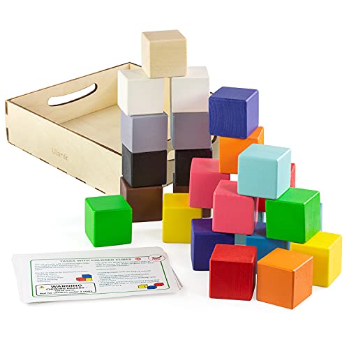 Ulanik Große Holzbausteine Natur Montessori Spielzeug ab 3 Jahre Baby Sensorik Spiel Entdeckerwürfel für Zählen und Sortieren Farben Lernen — 25 StapelKlötze von Ulanik