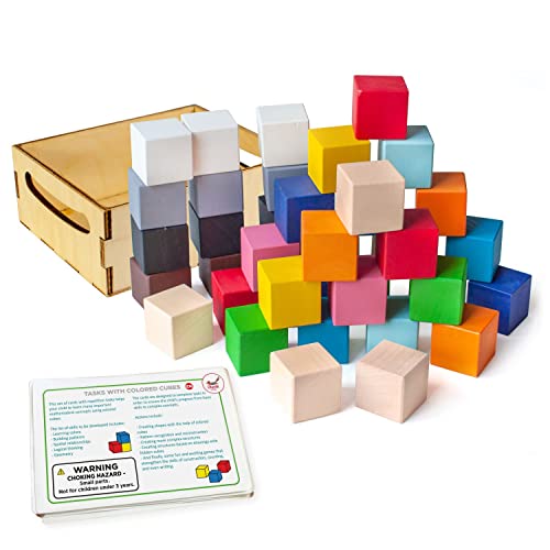 Ulanik Kleine Holzbausteine Natur Montessori Spielzeug ab 3 Jahre Baby Sensorik Spiel Entdeckerwürfel für Zählen und Sortieren Farben Lernen — 40 StapelKlötze von Ulanik