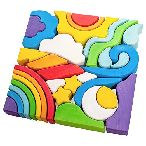 Ulanik Am Himmel Holz Pattern-Blocks Puzzle 31 STK Ab 3+ Lernspielzeug für Vorschule, Stapelspiel für Farbsortierung von Ulanik