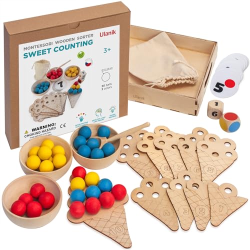 Ulanik Montessori Holzspielzeug Sortieren Lernspielzeug Süße Zählen Sorter 30 Bälle 25mm Alter 1 + Farbe Sortierung und Zählen Vorschule (2 Edition) von Ulanik