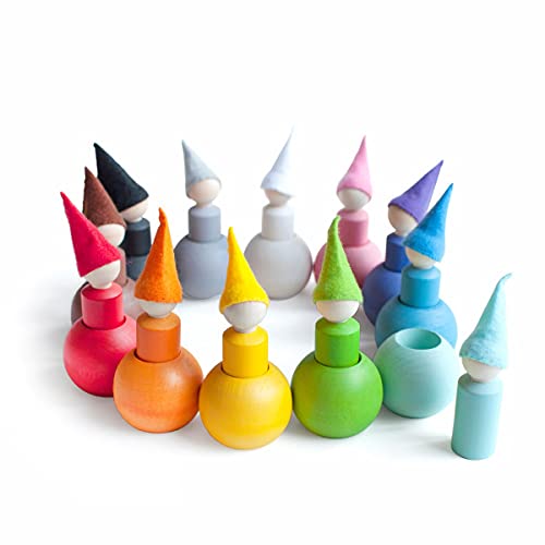 Ulanik Kleine Steckpuppen in Kugeln mit Hüte Montessori Spielzeug ab 3 Jahre + Baby Waldorf Puppen Sensorik Holzspiele zum Sortieren Farben Lernen — 12 Zwerge von Ulanik