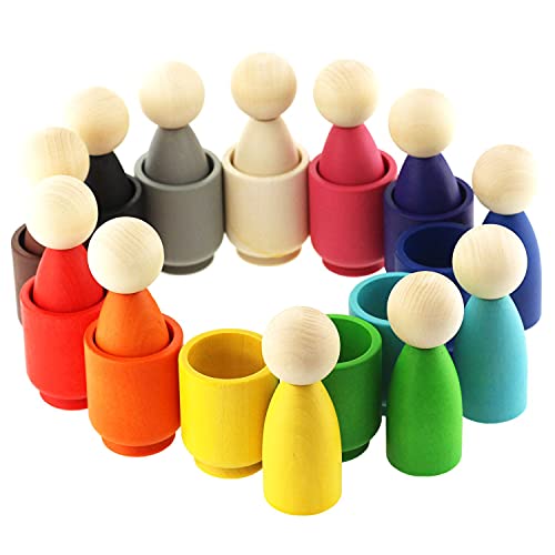 Ulanik Große Steckpuppen in Tassen Montessori Spielzeug ab 3 Jahre + Baby Waldorf Puppen Sensorik Holzspiele zum Zählen und Sortieren Farben Lernen — 12 Zwerge von Ulanik
