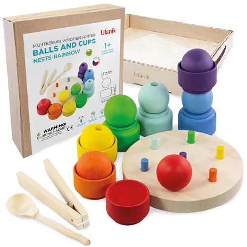 Ulanik Regenbogen Bälle in Nester Kleinkinder Montessori Spielzeug ab 1 Jahr + Sensorik Holzspiele zum Zählen und Sortieren Farben Lernen — 7 Bälle in Tassen von Ulanik