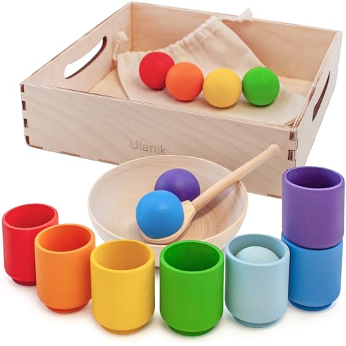 Ulanik Regenbogen Bälle in Tassen Kleinkinder Montessori Spielzeug ab 1 Jahr + Baby Sensorik Bälle Holzspiele zum Zählen und Sortieren Farben Lernen — 7 Kugeln von Ulanik