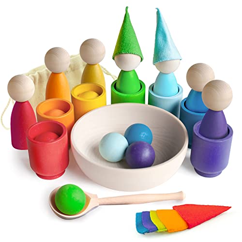 Ulanik Große Regenbogen Steckpuppen und Bälle in Tassen Montessori Spielzeug ab 3 Jahre + Waldorf Puppen Sensorik Holzspiele zum Farben Lernen — 7 Zwerge von Ulanik