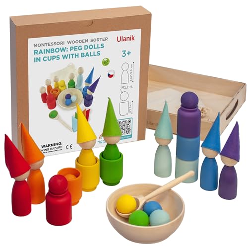 Ulanik Große Regenbogen Steckpuppen und Bälle in Tassen Montessori Spielzeug ab 3 Jahre + Waldorf Puppen Sensorik Holzspiele zum Farben Lernen — 7 Zwerge von Ulanik
