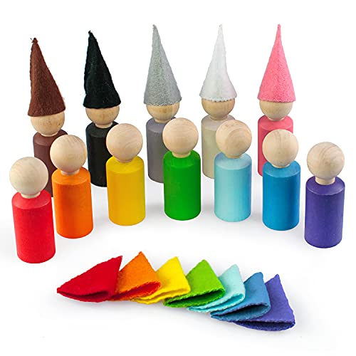 Ulanik Kleine Steckpuppen mit Hüte Montessori Spielzeug ab 3 Jahre + Baby Waldorf Puppen Sensorik Holzspiele zum Zählen und Sortieren Farben Lernen — 12 Zwerge von Ulanik