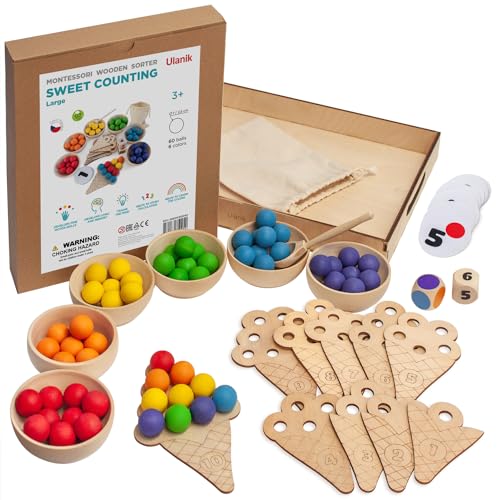 Ulanik Große Süßes Zählen Montessori Spielzeug ab 3 Jahre Sensorik Bälle Vorschul Holzspiele zum Zählen und Sortieren Farben Lernen — Mathe für Kinder, 60 Kugeln von Ulanik