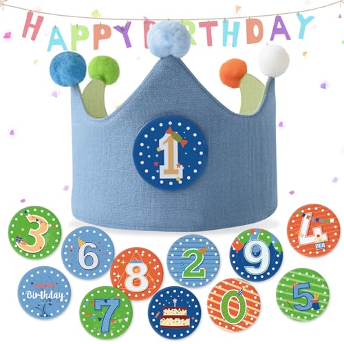 Ulibanner Wiederverwendbare Geburtstagskrone, Zahlen, Kindergeburtstagsmütze, Stoffkrone, Kleinkind, Jungen, Mädchen, Baby Bday Hüte (Blau + Grün) von Ulibanner